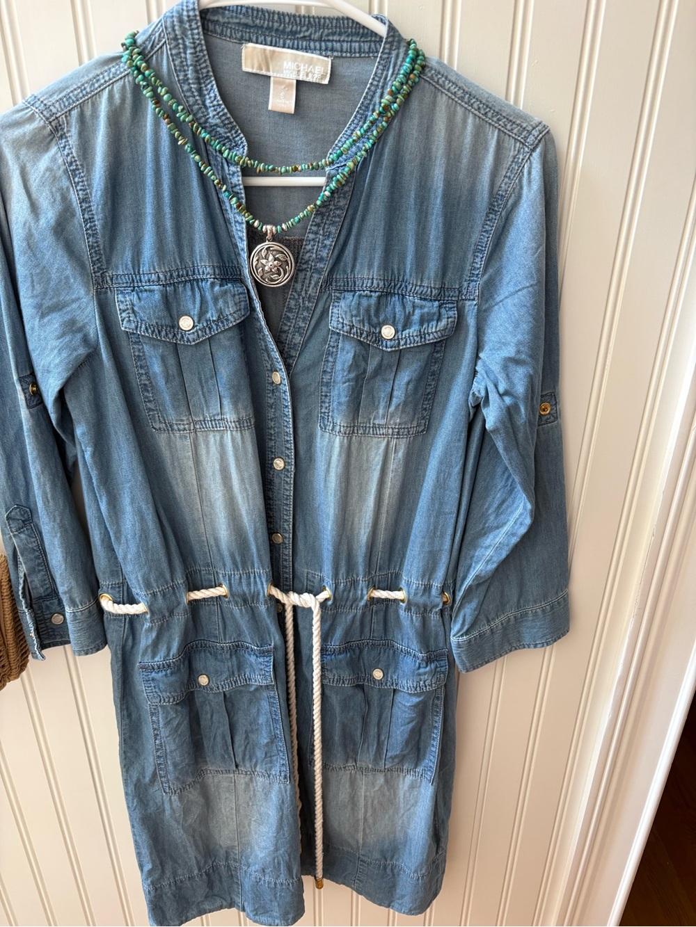 Michael Kors Light Blue 100% Cotton Denim Drawstring Dress.